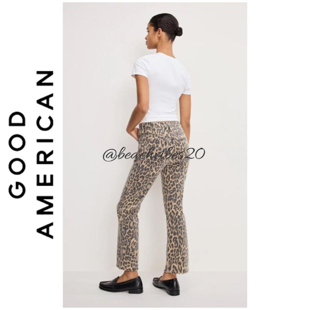 GOOD AMERICAN Good Kick Flare Leopard Jeans Luck Leopard001 8/29 NWT - Picture 3 of 6